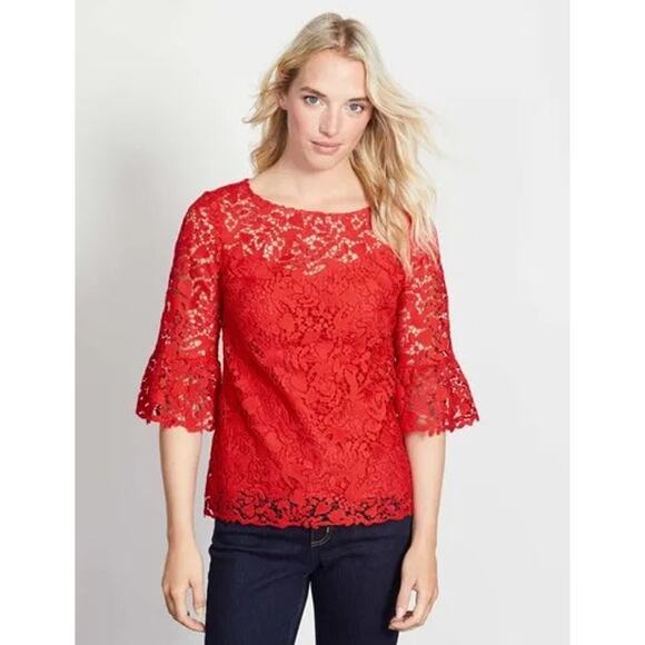 Boden Brittany Lace Top Red Size 10 Short Sleeve Scalloped Hem Elegant Blouse - Picture 2 of 10